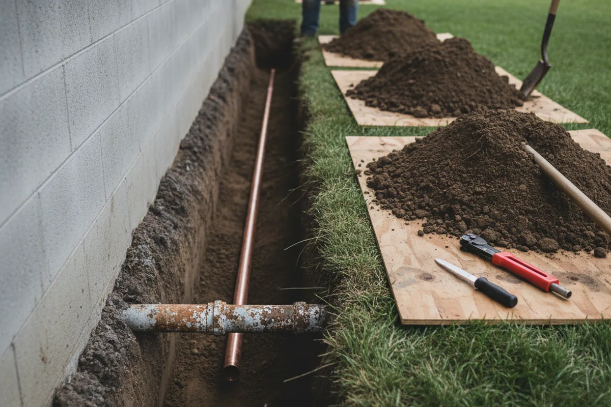 Excavated water line trench during Water Softener Installation in Durham